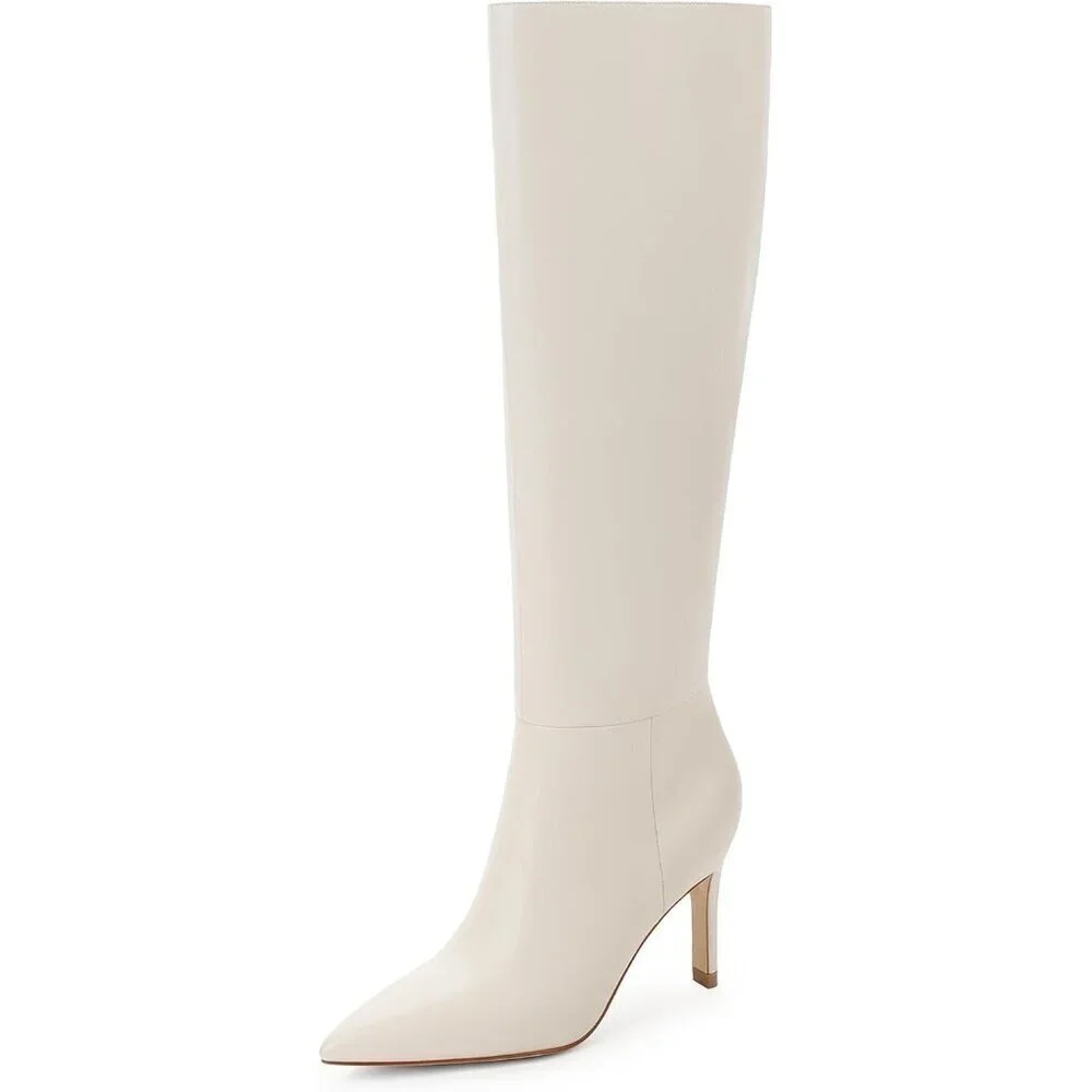Women Beige Faux Leather Pointed Toe Tall  Stiletto High Heel Zipper Dress Boots